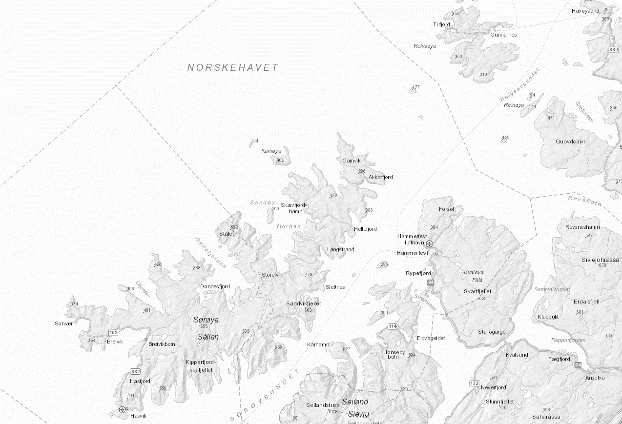 Figur 2.3 Kart over mottaksanlegg for hvitfisk i området rundt Sørvær *Kartet illustrerer nærliggende hvitfiskmottak. Kilde: Kystinfo, bearbeidet av Vista Analyse 2.