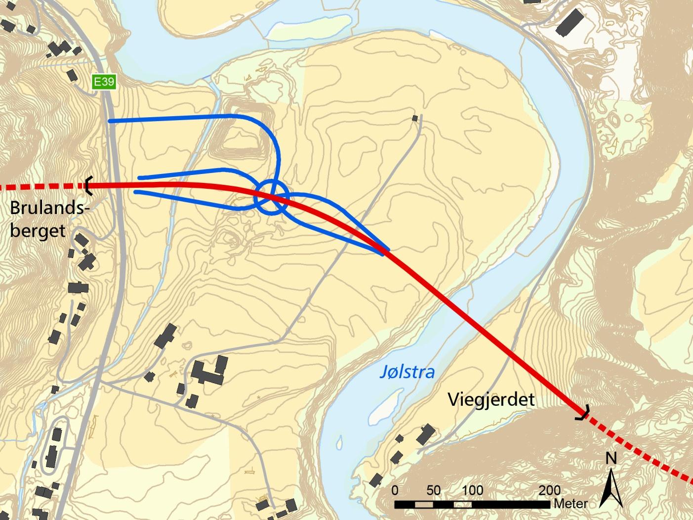 4.6.7 Brulandsberget Viegjerdet (700 m) Strekninga mellom tunnelane på Brulandsberget og Viegjerdet går over jordbruksareal og våtmark, før den kryssar Jølstra mot Viegjerdet.