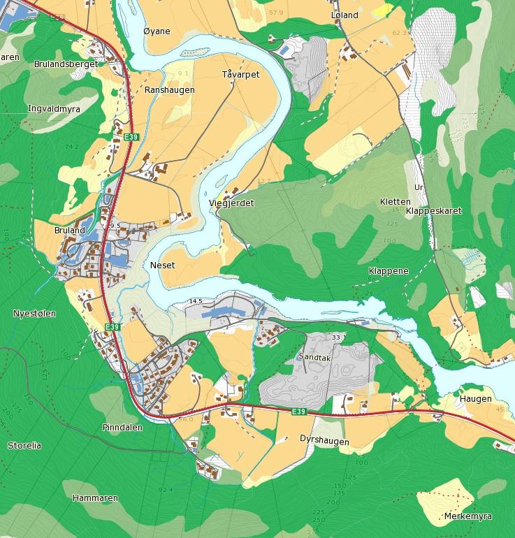 Figur 42 Jordbruksareal og skogbonitet i området ved Brulandsberget og Pinndalen (www.skogoglandskap.