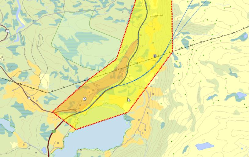 I området ved Storehaug-Myra er det registrert to ressursområder (sjå fig X under). Ressursområde A gjeld grunnvatn og verdien er her vurdert som middels høg.