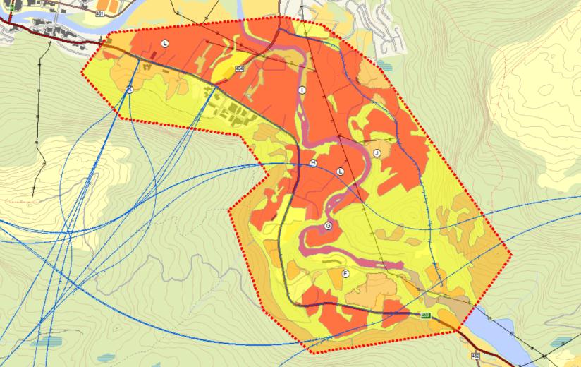 Figur 47 Verdikart for den nordlegaste delen av delområdet Myra-Reset ved Reset. I influensområdet Bruland-Øyane er det registrert sju ressursområde (sjå figur 48 under).