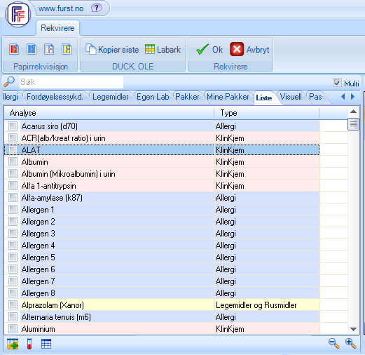 Rekvirering via analyse søk I den alfabetiske listen har man tilgang til alle analyser, og man kan begynne å skrive inn navnet på analysen i stedet for å bla i listen.