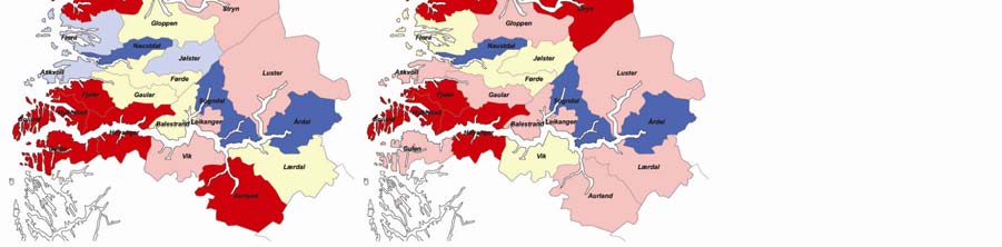 Figur 30: Kart med kommunenes rangering på ulike indikatorer for etablering i perioden 2004-2008. Fargene angir kommunens rangering i forhold til de andre kommunene i Norge.