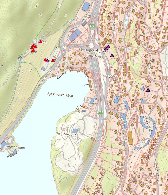 Utsnitt fra kommunedelplan for Ny-Paradis, Hop, Nesttun, Nesttun vest (2001). Eiendommen markert med rødt. Utsnitt fra miljødata.no viser registrerte kulturminner i området.
