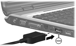 Slik kobler du en video- eller lydenhet til HDMI-kontakten: 1. Plugg den ene enden av HDMI-kabelen inn i HDMI-kontakten på datamaskinen. 2.