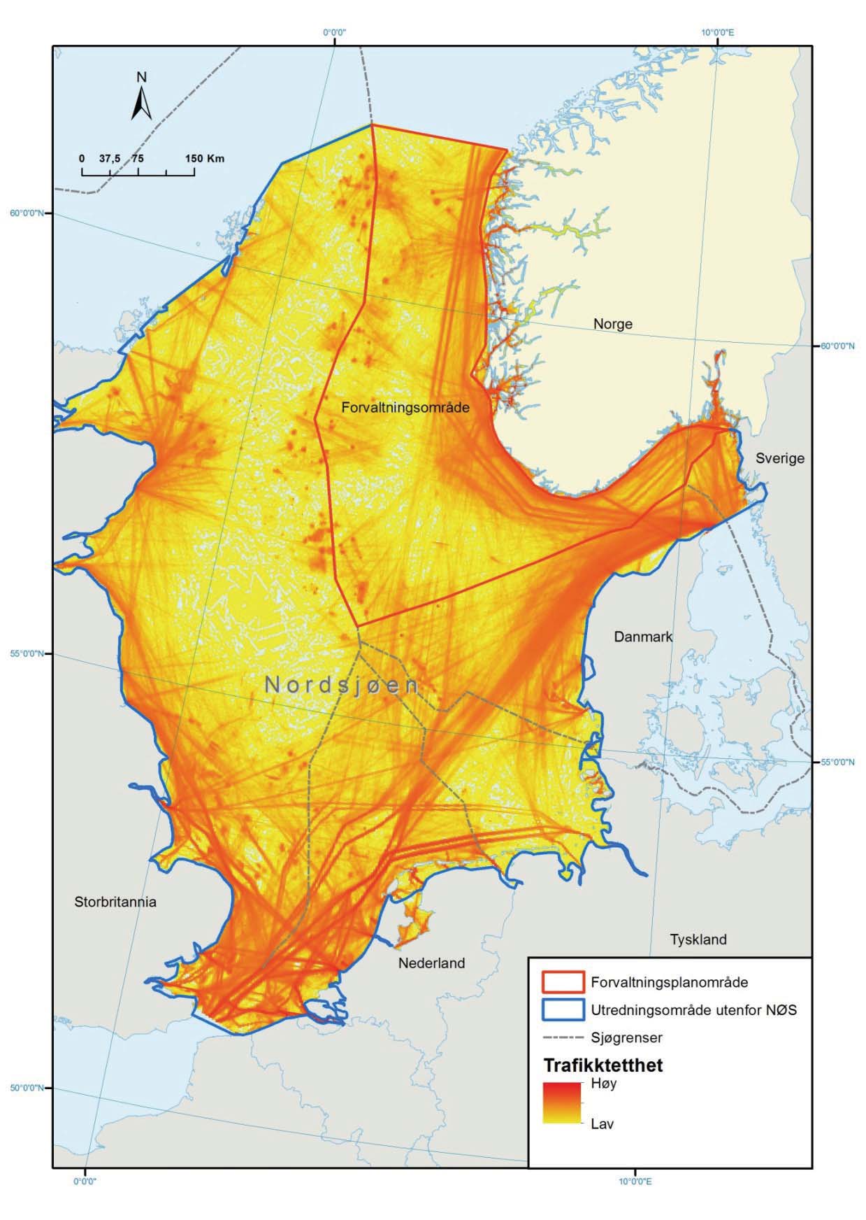 Figur 3.3 Kart som viser AIS-data tetthetsplott, Nordsjøen og Skagerrak, Norsk økonomisk sone (NØS), forvaltningsplanområdet og utredningsområdet.