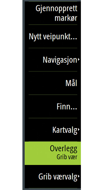 - Sett inn minnekortet i enhetens kortleser. - Aktiver Overlegg GRIB-vær fra Kart-menyen. Se "Slå på GRIBværoverlegg" på side 7 - Importer filen til minnet for å bruke den som overlegg på kartet.