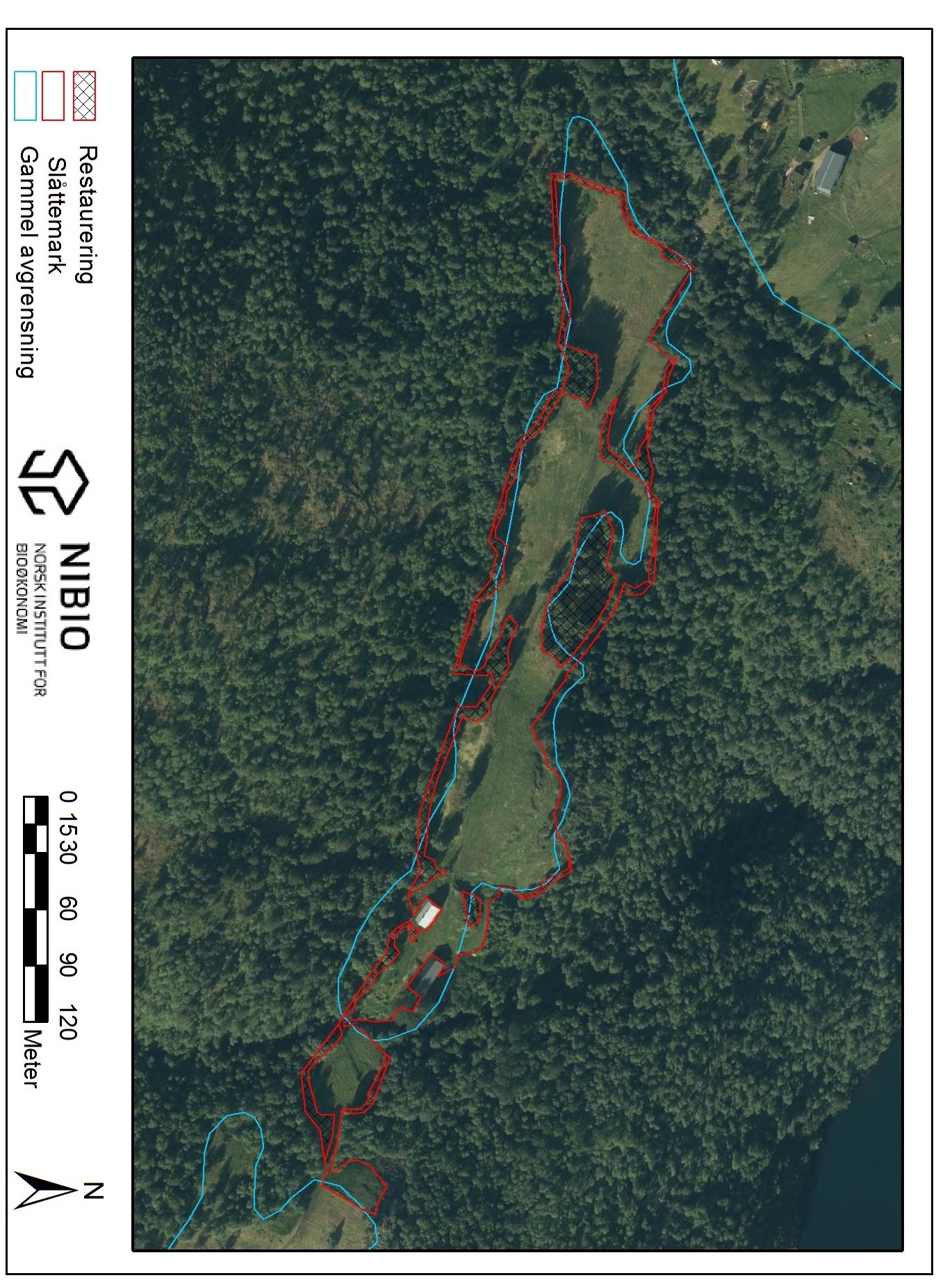 Ortofoto/kart Figur 1. Oversiktsbilde for slåttemarka med arealet som inngår i skjøtselsplanen for Me-Skotet.