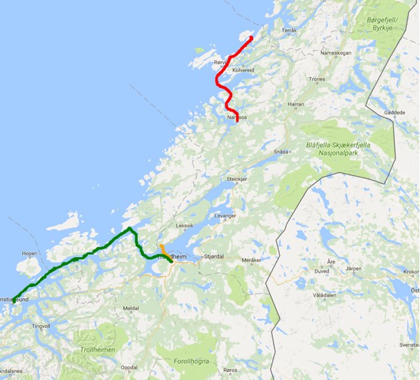 Hurtigbåtsamband i Trøndelag - Rød rute Namsos Rørvik Leka - Gul rute