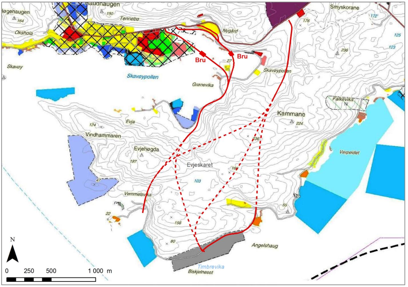 Fig. 13 Vegalternativa samanstilt med gjeldane kommuneplan i Vågsøy (nordfjordnett.