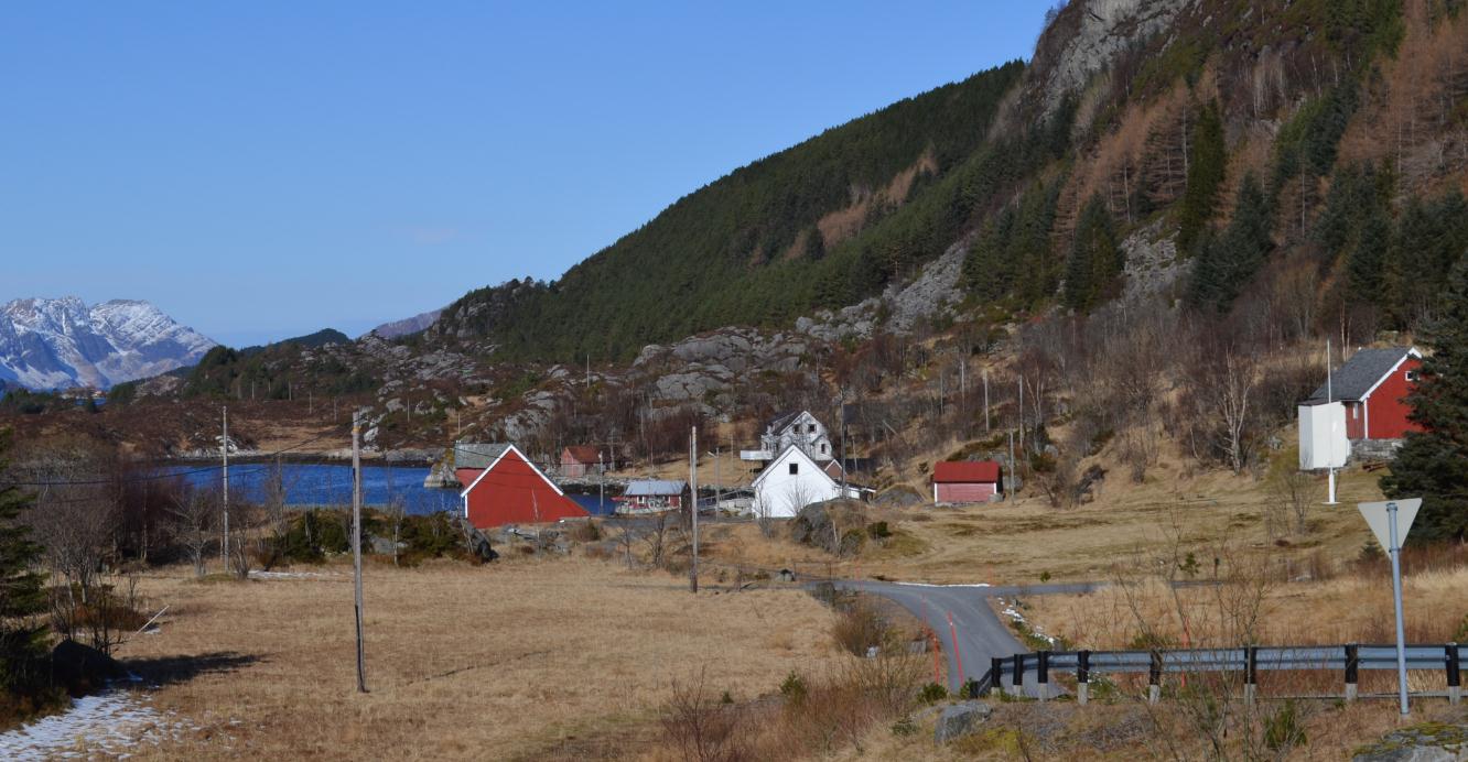 Fig. 41 Hamnen på Rugsundøy. Trase for alternativ 4a går vestover mellom dei to raude husa til høgre i biletet.
