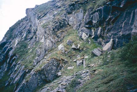 Stopp 3. På toppen av skaret krysser stien gjennom marmoren og over en rygg som fortsetter i nordøstlig retning. Den består av granitt med marmor under seg på nordsiden.