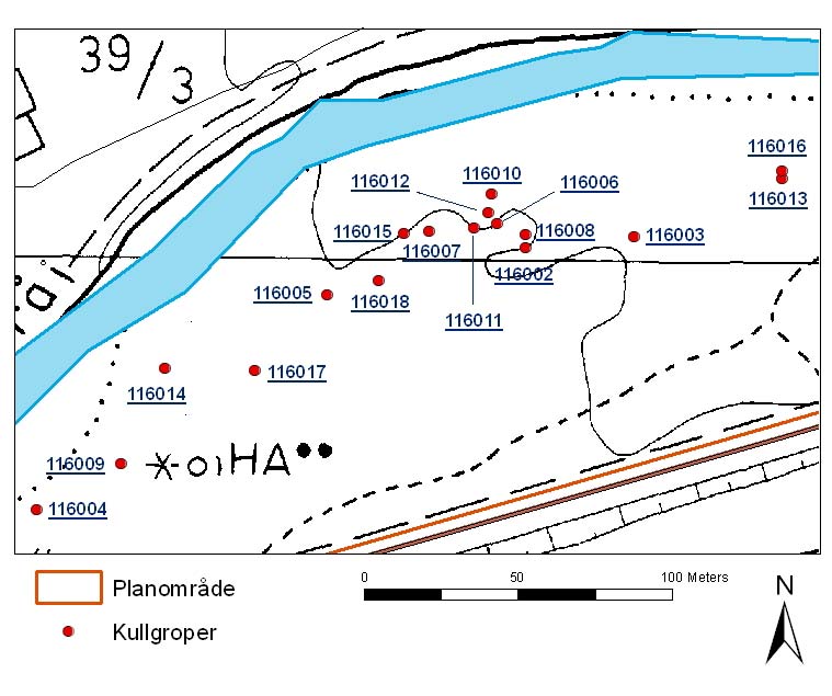 AUTOMATISK FREDETE KULTURMINNER Det ble registrert i alt 17 kullgroper innenfor planområdet under denne undersøkelsen (se Fig 14 og 15).