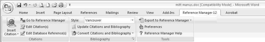 Word 2007: Verktøylinjen er tilgjengelig i kategorien Reference Manager 12 og består av 3 grupper: Citations, Bibliography og Tools.