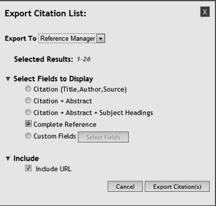 Velg hvilke referanser som skal overføres og klikk på Export: I dialogboksen Export Citation List: Export To: Velg Reference Manager fra listen Select Fields to Display: Complete Reference Klikk på