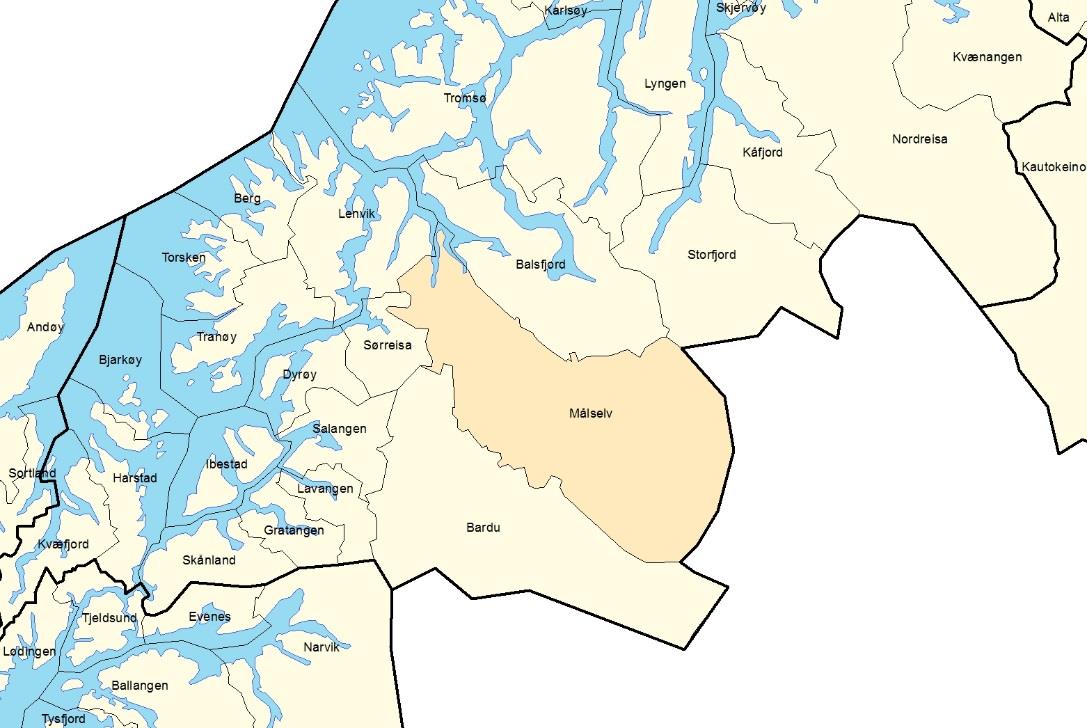 Kort om Målselv kommune Målselv, kommune i Troms fylke, sentralt beliggende i de indre deler av fylket med grense mot Sverige i øst.