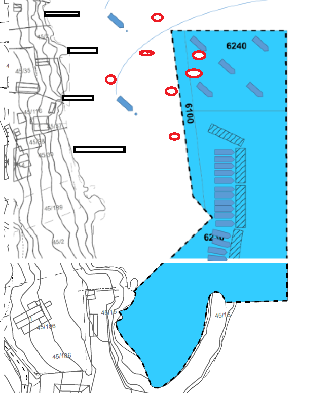 Figur som viser nåværende brygger i Nordstrandveien og bøyeplasser i umiddelbar nærhet til forslaget til båthavn, med omtrentlig plassering, siden nøyaktige koordinater ikke finnes.