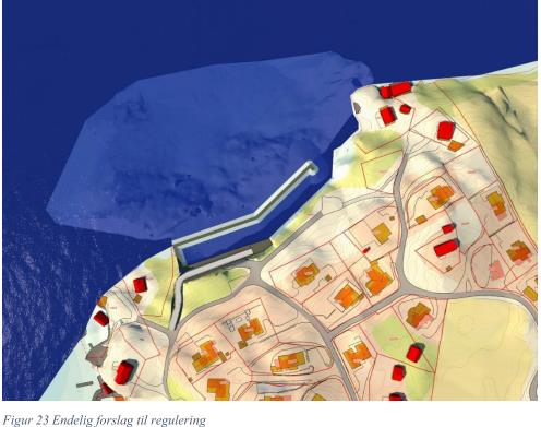 «Det lyse terrenget sett under vann er en modellering av havbunnen. Hvordan fyllingsutslaget for moloen treffer havbunnen, kan man se nærmere i figur 30, plan over snitt.