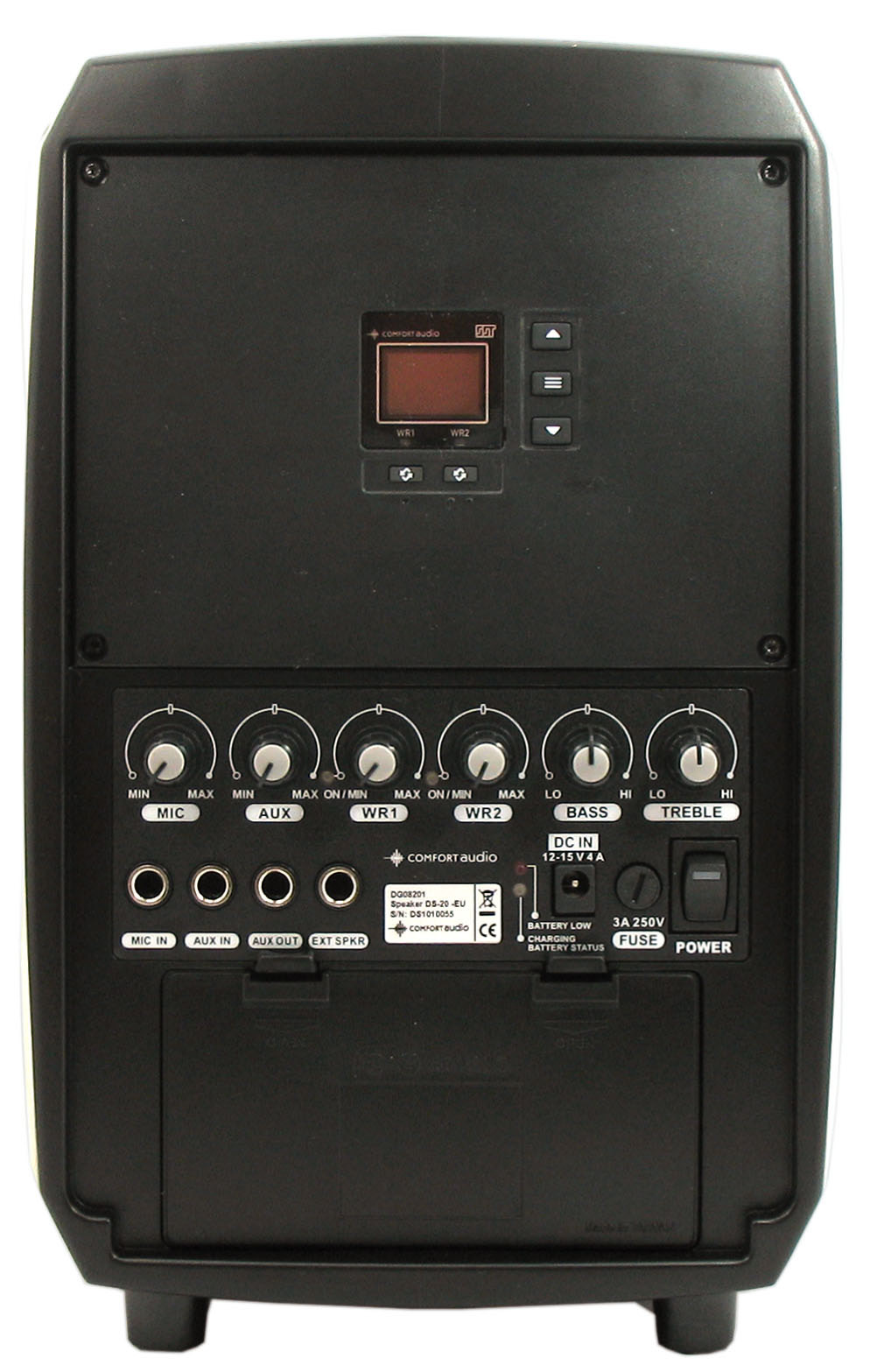 Funksjoner - Speaker DS10/DS20 Bærehåndtak Display Funksjonsindikatorer WR1 och WR2 Tilkoblingsknapper WR1 og WR2* MIC - Styrkekontroll til trådbundet mikrofon Mic in - for tilkobling av f. eks.