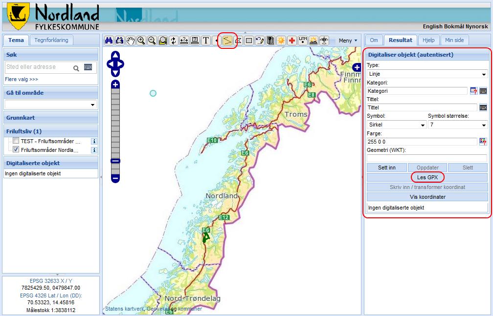 7.5.3 GPS/GPX data som manus Noen kommuner har data for eksempelvis lysløyper som GPS data. Disse kan lastes opp i løsningen og benyttes som manus/hjelpelinjer for å digitalisere friluftsområder.