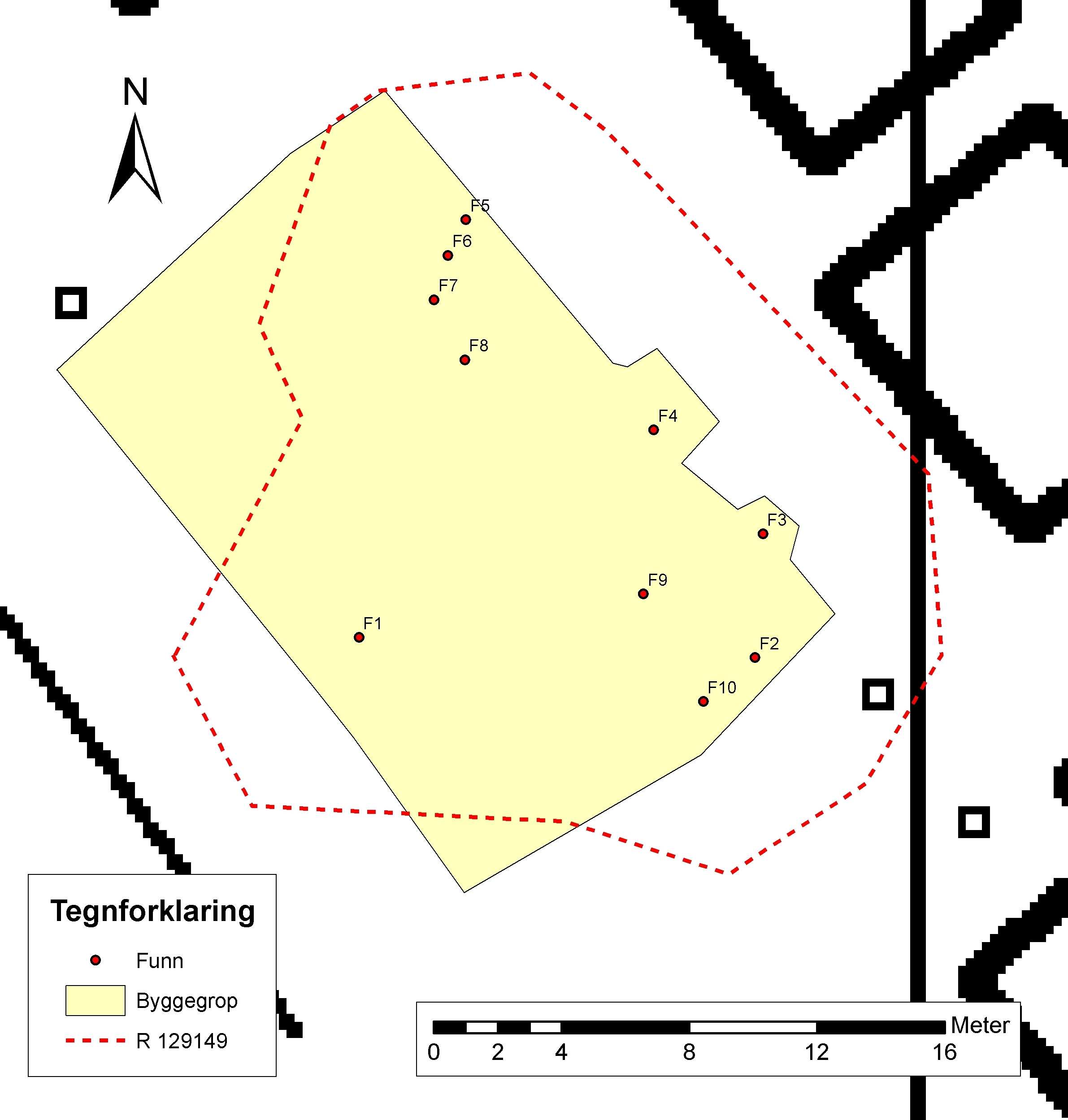 Kart 2: Oversikt over planområdet som i sin helhet er avdekket (byggegrop). Funn og fornminneavgrensning (R 129149) markert. ØK-kart CS047-5-4.