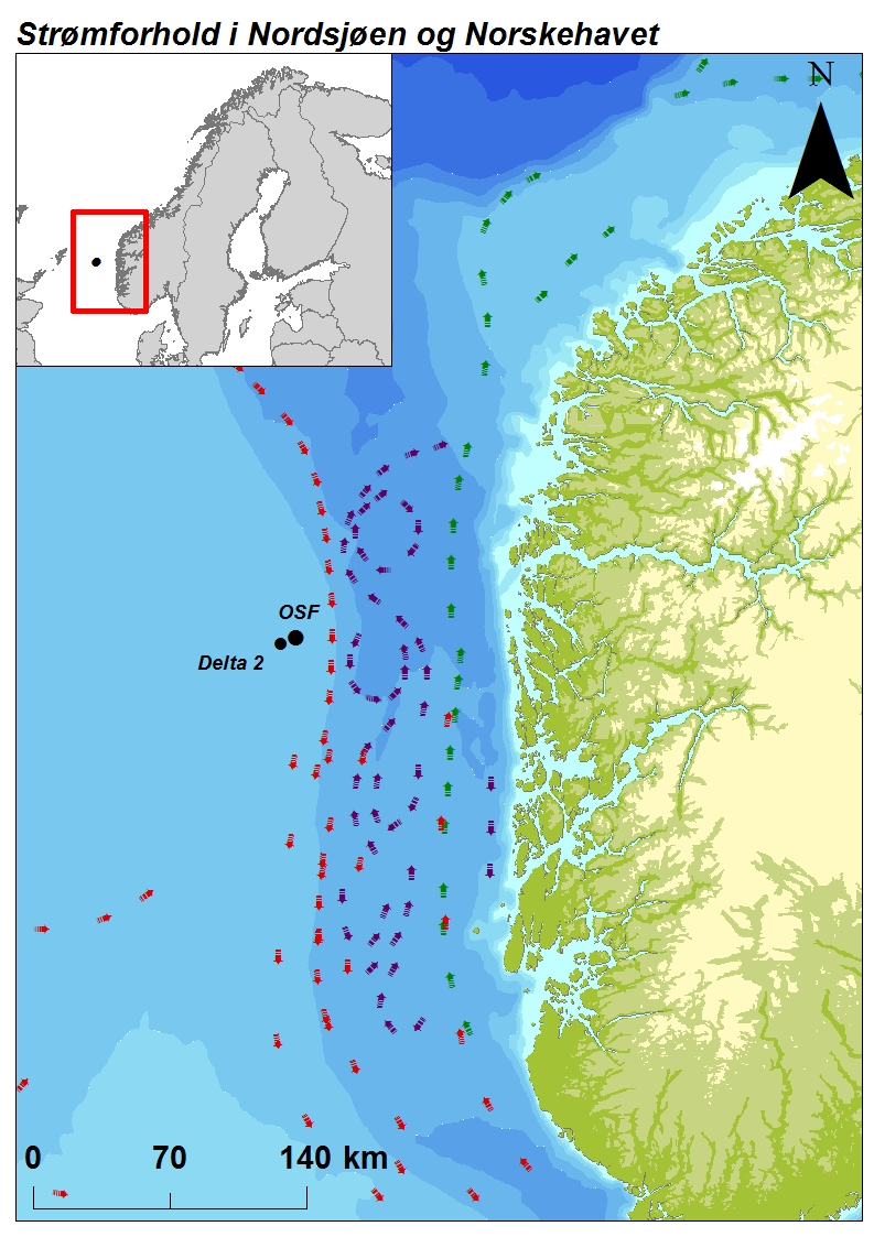 Figur C-1 Strømmer i østlige deler av Nordsjøen og sørlige Norskehavet samt lokasjonen av Delta 2 og Oseberg feltsenter (Sætre, 1999).