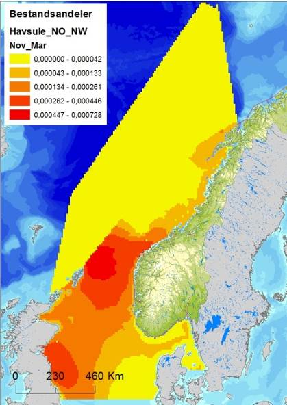 Figur C-8 Fordeling av havhest (Fulmarus glacialis) i Nordsjøen og Norskehavet, i sommer (april-juli), høst (august-november) og vintersesongen (november-mars), basert på modellerte data (Seapop,