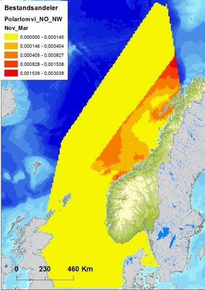 Figur C-12 Fordeling av lunde (Fratercula arctica) i Nordsjøen og Norskehavet, i sommer (april-juli), høst (august-november) og vintersesongen (november-mars), basert på modellerte data (Seapop,