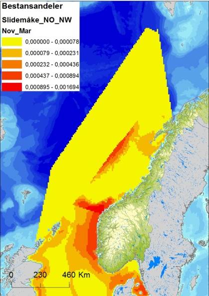 Figur C-14 Fordeling av polarmåke (Larus hyperboreus) i Nordsjøen og Norskehavet, i sommer (apriljuli), høst (august-november) og vintersesongen (november-mars), basert på modellerte data (Seapop,