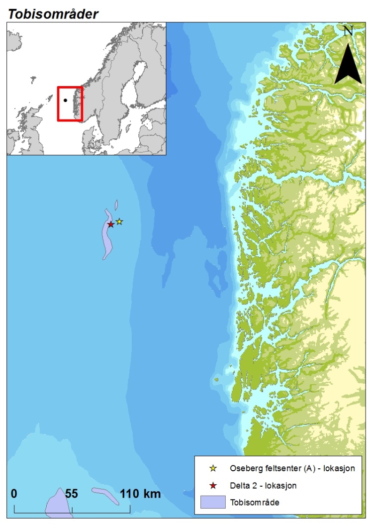 Figur C-23 Tobisområder, vist i forhold til lokasjonen til Delta 2.