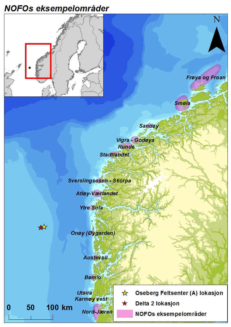 Figur 3-5 Lokasjon av eksempelområdene langs norskekysten (NOFOs eksempelområder), og lokasjonentil satellitten Delta 2