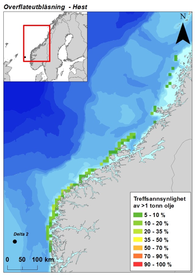 Figur 3-6 Sannsynligheten for treff av mer enn 1 tonn olje i 10 10 km kystruter gitt en overflateutblåsning fra Delta 2, presentert sesongvis.