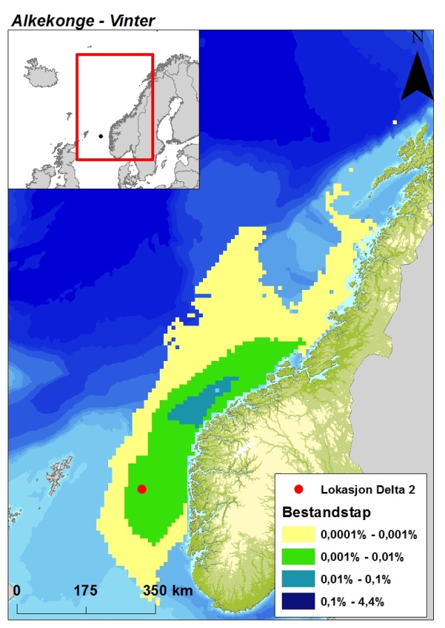 Figur 6-3 Effektområder for havsule (vår), lunde (sommer), havhest (høst) og alkekonge (vinter) etter utblåsning fra Delta 2.