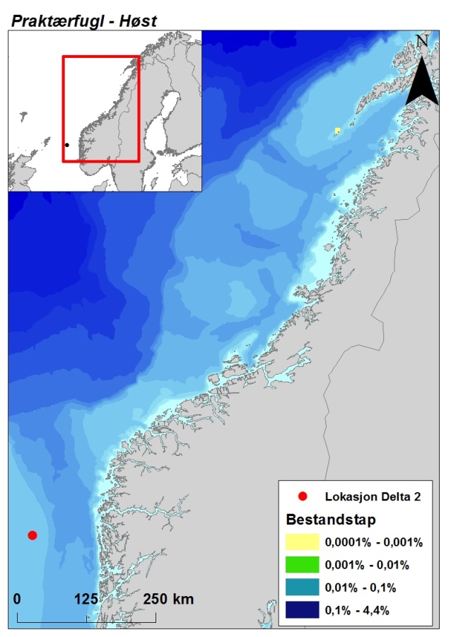 Figur 6-6 Effektområder for lomvi (vår og sommer), praktærfugl (høst) og havelle (vinter) etter utblåsning fra Delta 2.