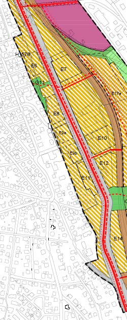 På vestsiden av Lågårdsveien mot Våland gir planen avklaringer for byomforming gjennom bestemmelsesområder (E6, E8, E9 og E11) for flere kvartaler fra politistasjonen til sør for Skattens hus.