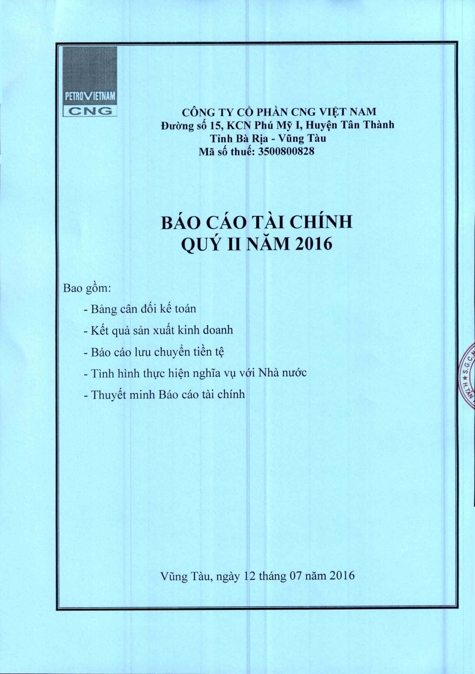 CONG TY CO PHAN CNG VIVI' NAM Dtromg so 15, KCN Phu MS, I, Huyen Tan Thanh Tinh BA Ria - Wing Tau Ma so thue: 3500800828 BAO CAO TAI CHiNH QUY II NAM 2016 Bao g6m: - Bang can