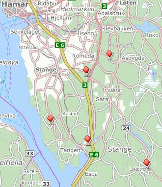 3.7 Vedlegg 7, Kart Kart over 31 fotballanlegg i Stange kommune Det kan være flere anlegg bak hver vimpel Kart