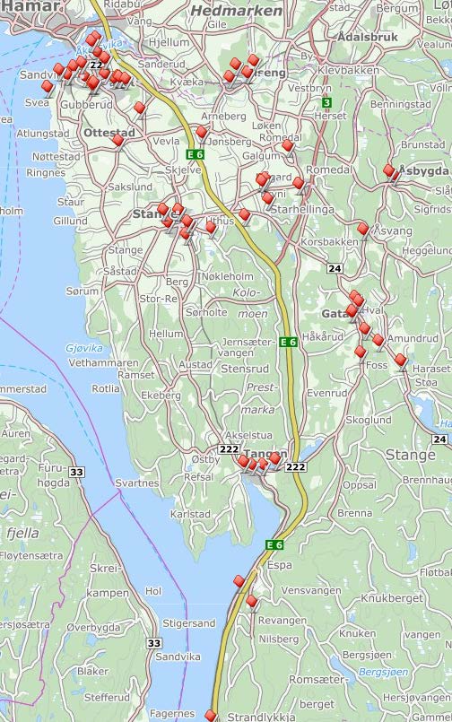 Kart over 107 nærmiljøanlegg i Stange.