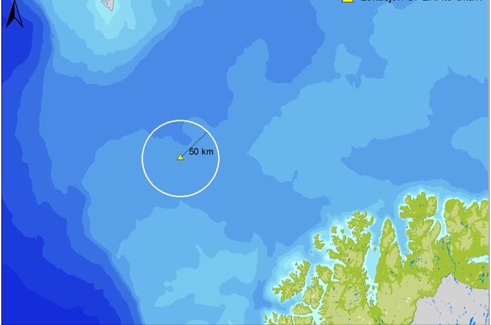 Figur 3-1: Geografisk gyldighetsområde for OPERAto. Trekant viser til utslippspunkt brukt i oljedriftsberegninger (letebrønnen Havis), som vil være gjeldende for letebrønner innenfor en 50 km radius.