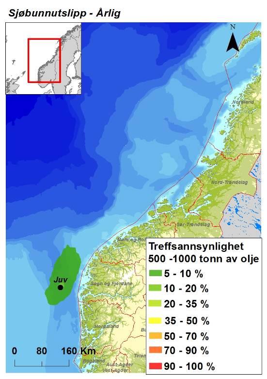 Figur 3-4 Sannsynligheten for treff av olje i mengdekategoriene 1-100 tonn, 100-500 tonn, 500-1000 tonn og >1000 tonn i 10 10 km sjøruter gitt en sjøbunnsutblåsning fra Juv for hele året.