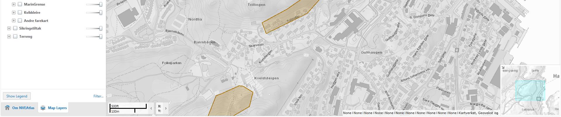 Skjermdump av NVE-atlas, utsnitt av Harstad. NB.