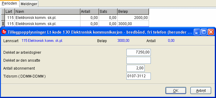 4. Ekstrakjøring Eksempel 5 Arbeidsgiver har dekket mobiltelefon hele 2007, mens bredbånd er dekket fra 01.07.2007 Mobil 01.01-30.06 Dekket Arb.g. Total regning Dekket arb. taker Sk.pl. beløp 4.250 4.