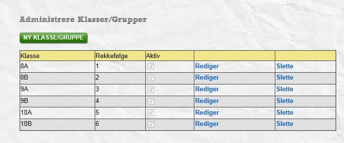 Ved å klikke på Rediger vil du kunne endre klassenavn g rekkefølge. Du vil gså kunne bestemme m klassens tilgang til tjenesten skal være aktiv eller ikke.