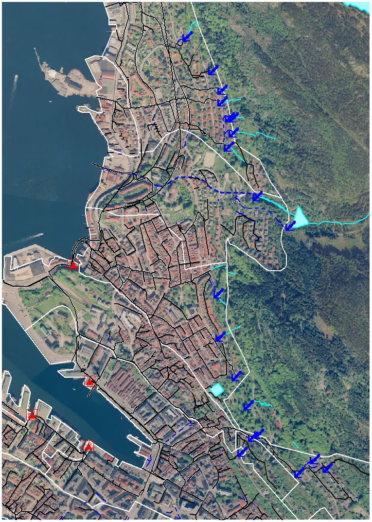 Sentrum Nord Sandviken Oversikt bekker som går inn på felles