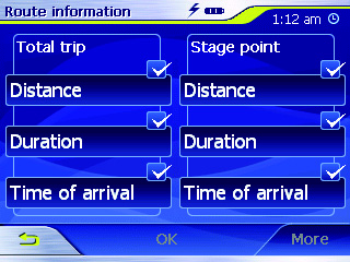 Kartvisning under veivisning Ruteinformasjon Gå til menyen Settings (Innstillinger) og trykk på knappen Routing options (Rutealternativer). Menyen Route information (Ruteinformasjon) vises.