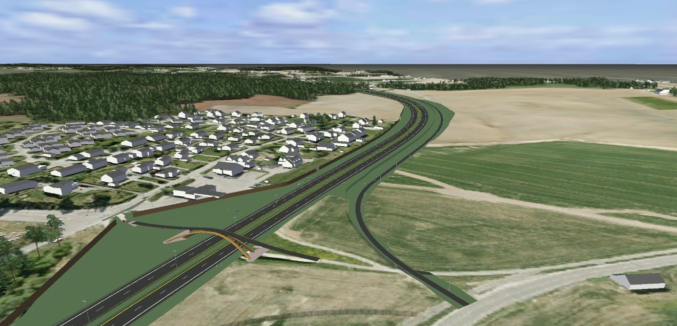 Konsekvensutredning - Naturressurser 15 Figur 5 Nygårdskrysset sett fra nord mot sør med plassering av døgnvileplass, innfartsparkering og bussholdeplasser på rampene ned mot E18. Kilde: VR-modell 1.