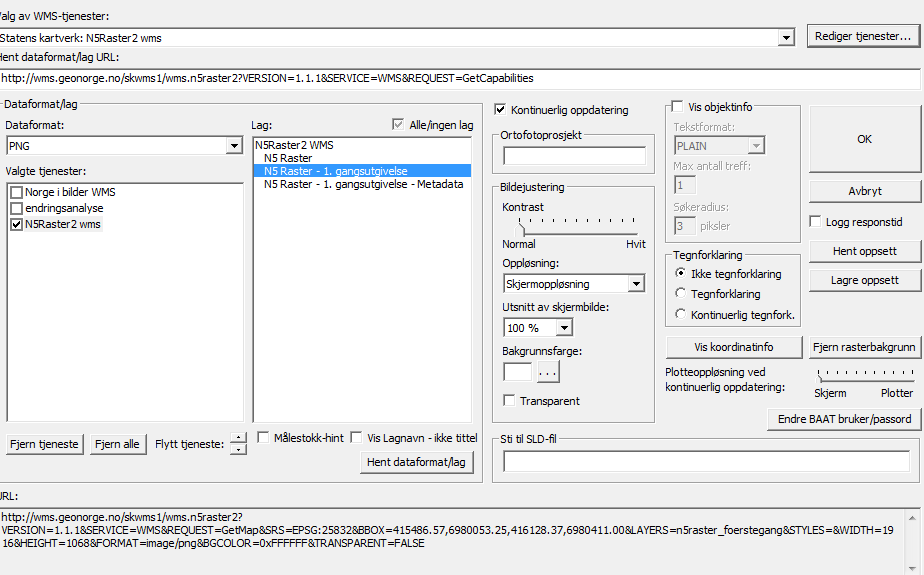 2. Kontinuerlig oppdatering er en fordel. Da tegnes det et nytt utsnitt av ortofotoet hver gang det panoreres/zoomes i kartet. 3. Tar det lang tid å få tegnet opp ortofoto kan oppløsningen settes ned.