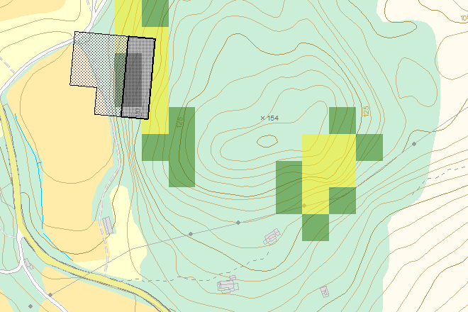 Ut i fra illustrasjonen nedenfor kan en se at deler av planområdet ligger innenfor utløpsområdet for snøskred, markert med lysest rødfarge.