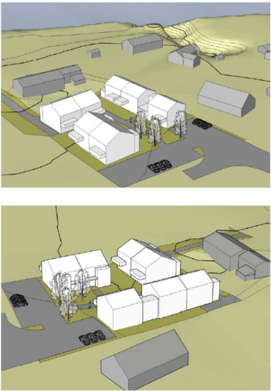 Volumillustrasjoner Alternativ 1 Alternativ 2 Alternativ 3a og 3b Stedstilpasning Høyder Typologi, skala og organisering av foreslått bebyggelse er tilpasset eksisterende småhusbebyggelse og vurderes