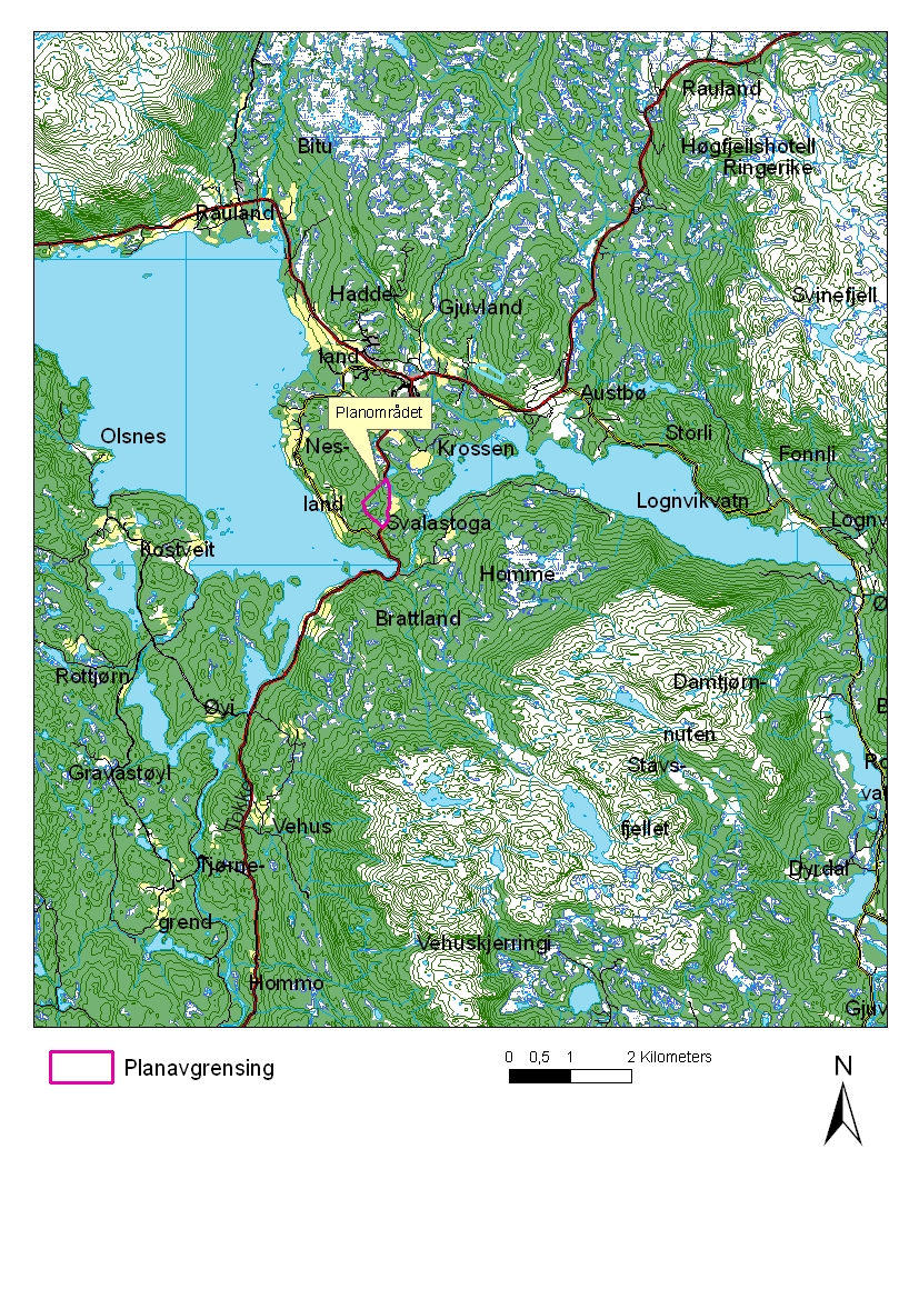 Området Planområdet ligger vest for Rv 37, mellom Svalastoga og Trolletjørn sør for Rauland sentrum/ Krossen i Vinje kommune.